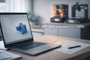 Laptop showing a 3D CAD model, representing the 3D printing guide for FDM and SLA workflows.