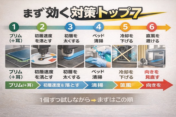 Top 7 FDM warping fixes in recommended order: brim, slower first layer, wider first layer, bed cleaning, lower cooling, avoid drafts, and reorient the part.