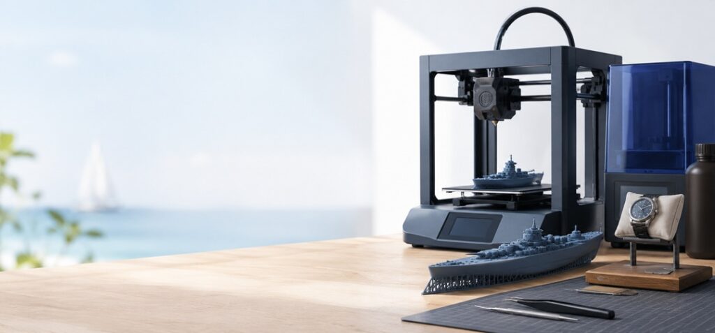 3D printer workspace with ship models and display stand for SHIPYARD & SOULSHIP