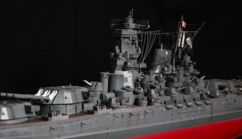 1/350 scale battleship Yamato model with an alternate anti-aircraft refit, built with 3D-printed parts.