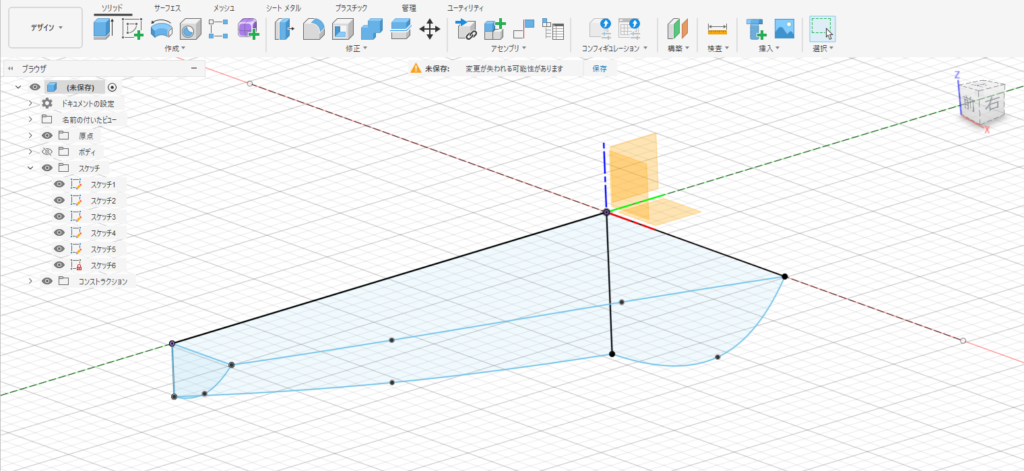 Drawing guide rails between offset hull cross sections in Fusion 360 to control surface flow during lofting.