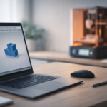 A quiet 3D printing workspace with a laptop showing a CAD model and a 3D printer in the background, representing the process of choosing a first 3D printer.