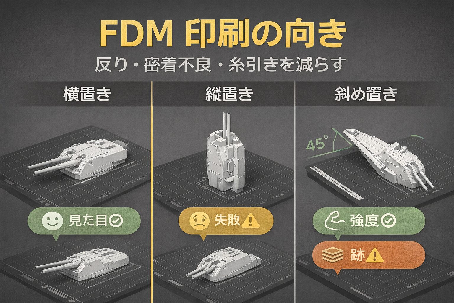 FDMプリンターの「印刷の向き」の決め方：失敗（反り・剥がれなど）を減らすルール