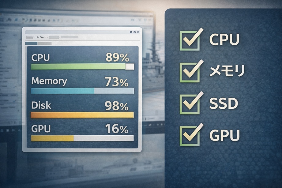 Eyecatch image for a Fusion 360 bottleneck diagnosis guide, showing a desktop CAD workspace and performance indicators for CPU, memory, SSD, and GPU