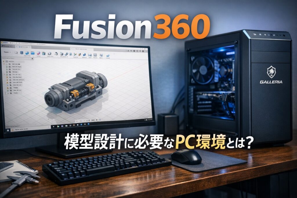 Desktop PC setup for model design using Fusion 360, showing a CAD workspace on a monitor and a high-performance desktop computer