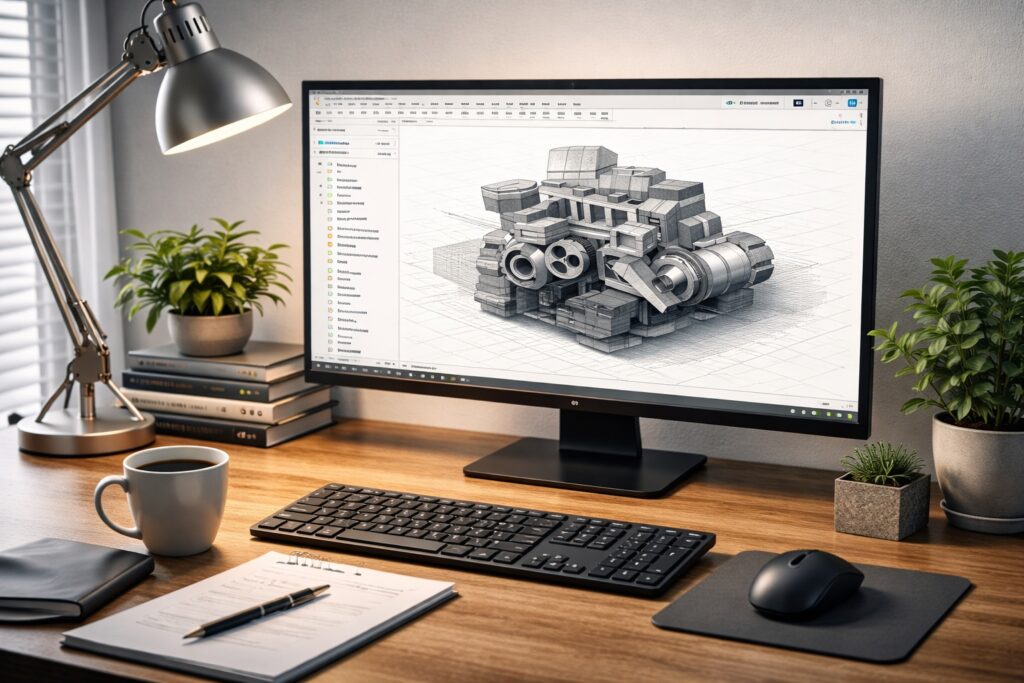 Desktop workspace with an external monitor running Fusion 360 for model design and CAD work