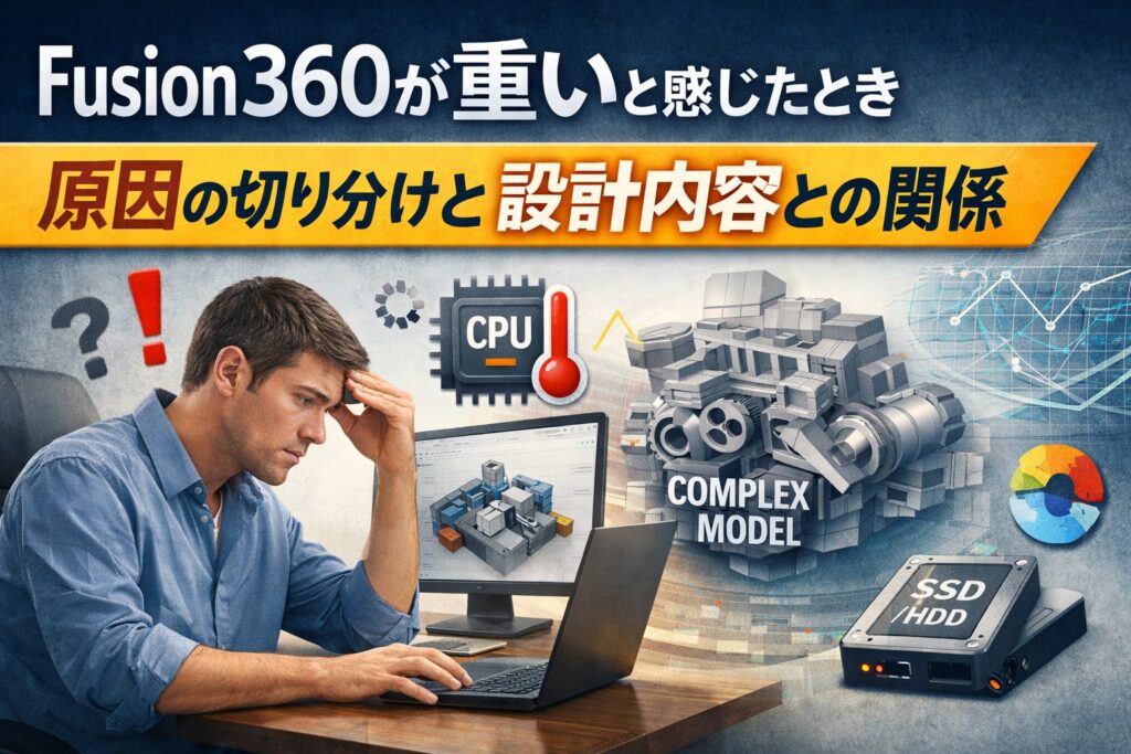 Eyecatch image for a Fusion 360 troubleshooting article, showing a worried user, a complex 3D model, and icons for CPU and storage performance