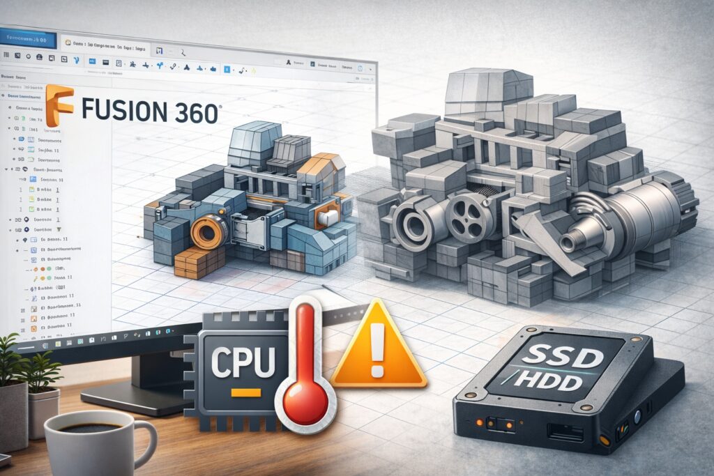 Composite image for a Fusion 360 performance checklist, illustrating design complexity, CPU load, and storage performance factors