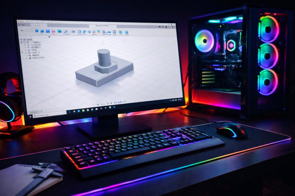 High-performance desktop PC setup running Fusion 360 for advanced model design and CAD work