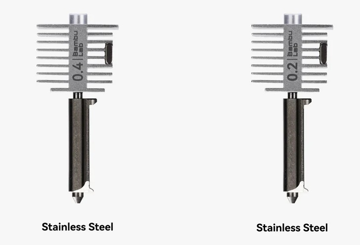 Side-by-side comparison of Bambu Lab A1 hotend nozzles, 0.4 mm (left) and 0.2 mm (right), for FDM 3D printing.