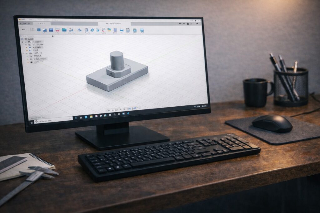 Desktop PC setup with an external monitor running Fusion 360 for model design and CAD work