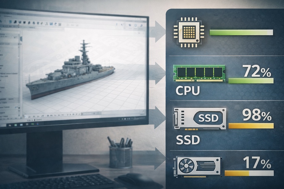 Illustration for a Fusion 360 bottleneck diagnosis guide, showing a CAD model on screen and performance indicators for CPU, memory, SSD, and GPU