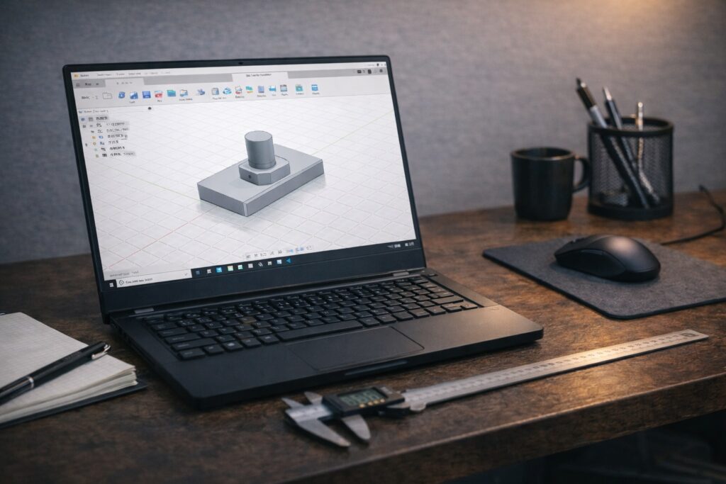 Laptop computer running Fusion 360 for basic model design and CAD practice
