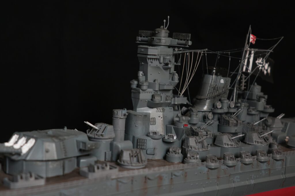 Close-up view of the bridge area on the modified battleship Yamato model, featuring an anti-aircraft focused armament layout.