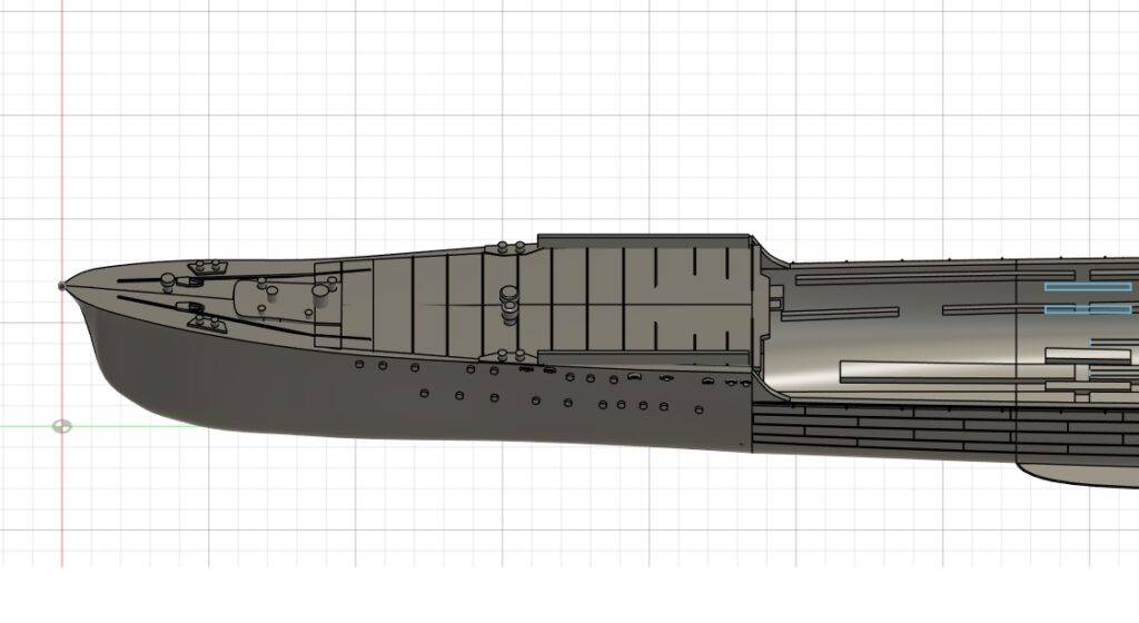 ALT：Fusion 360 side view of a 1/150 destroyer bow showing a single lofted hull-to-sloped-deck transition before adding a flat deck surface for 3D printing.