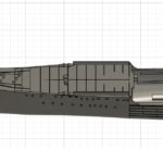 ALT：Fusion 360 side view of a 1/150 destroyer bow showing a single lofted hull-to-sloped-deck transition before adding a flat deck surface for 3D printing.