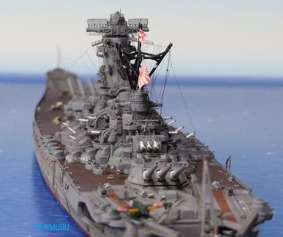 Aft-to-bow perspective of Fujimi 1/700 NEXT Yamato waterline model, highlighting rear deck detail.
