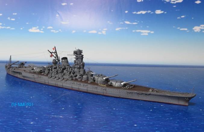 1/700 Yamato model (Fujimi NEXT) waterline version – starboard distant view showing full silhouette.
