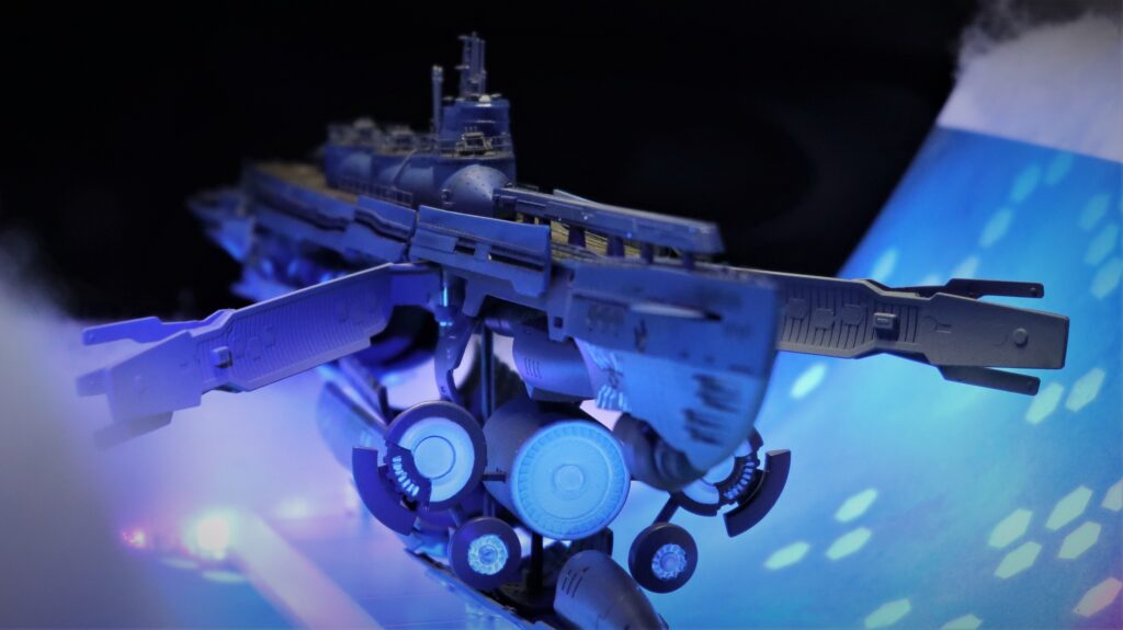 Front-left view of the Fog Fleet ship model highlighting the Super-Graviton Cannon unit and detailed mechanical structures.