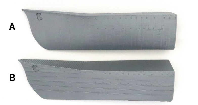 Sidewall detail comparison of a destroyer bow hull 3D print: orientation A loses fine lines while orientation B preserves weld seams and porthole rows.