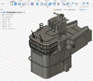Fusion 360 screenshot of the finalized 1/150 IJN destroyer Yukikaze bridge superstructure after adding refined details and fittings around the platforms and window area