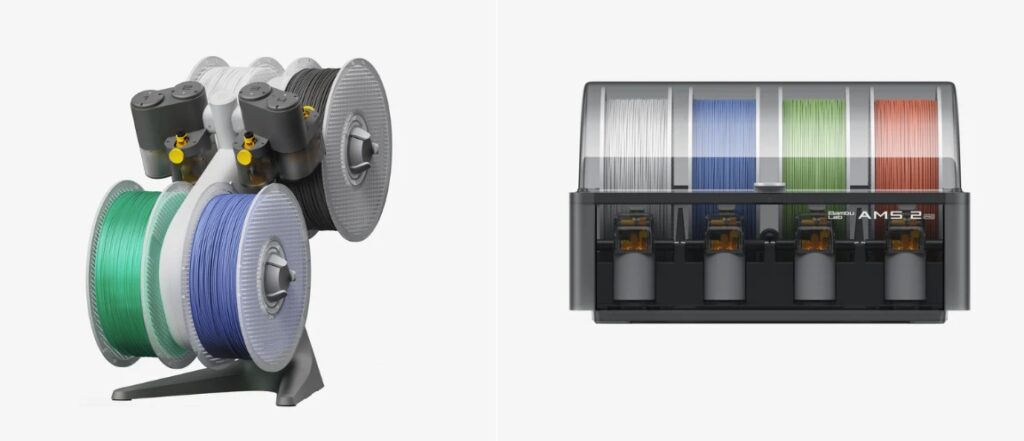 Comparison image of Bambu Lab AMS Lite and AMS showing filament spools and automatic filament feeding system for multi-material 3D printing