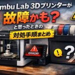 Troubleshooting guide image for Bambu Lab 3D printers, showing a printer and AMS unit with an error message when a malfunction is suspected