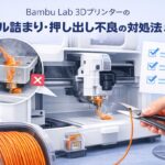 Eyecatch illustration showing nozzle clogging and extrusion problems on Bambu Lab FDM 3D printers, focusing on filament flow issues near the hotend