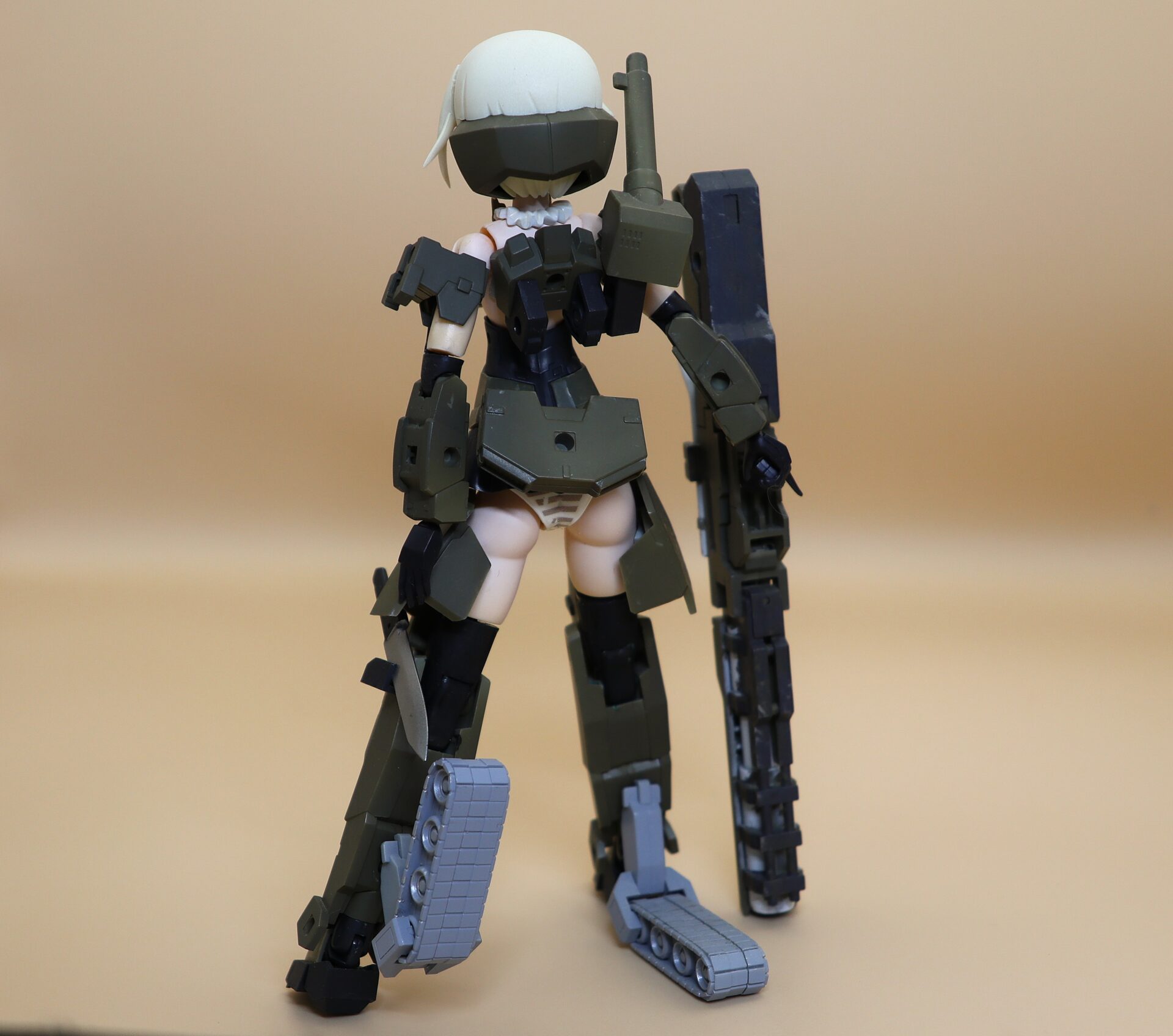 Completed Frame Arms Girl Gourai full-body rear view showing backpack and rear armor.