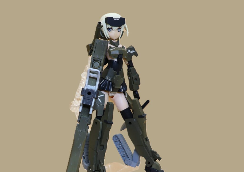 Completed Frame Arms Girl Gourai model standing with a large rifle, front view.