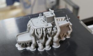 PLA FDM print of the 1/150 Yukikaze bridge straight off the bed with supports (0.2 mm nozzle, 0.1 mm HQ settings)