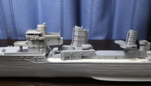 PLA FDM-printed bridge superstructure installed on a 1/150 IJN destroyer Yukikaze hull for fit check (Fusion 360 design)