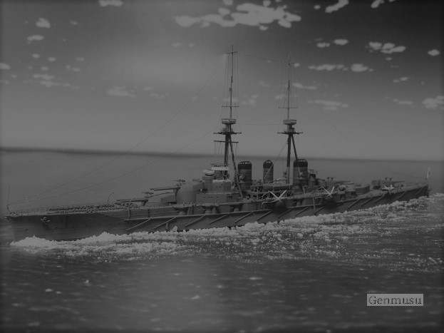 1/700 scale model of battlecruiser Kongō (1914) recreating the famous Belfast photo, black-and-white version