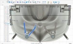 Fusion 360 rear view checking clearance and symmetry of the twin-shaft stern with support plate and shaft brackets on a 1/150 Yukikaze RC model.