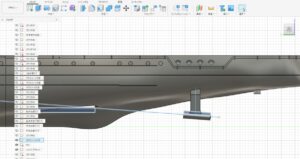 Fusion 360 side view defining the propeller shaft line and shaft tunnel using offset construction planes for a 1/150 Yukikaze RC hull.