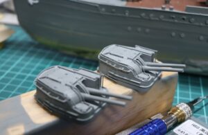ABS-like resin printed 1/150 IJN destroyer Yukikaze twin 12.7 cm gun turrets with barrels, shown after cleanup for fit and detail check