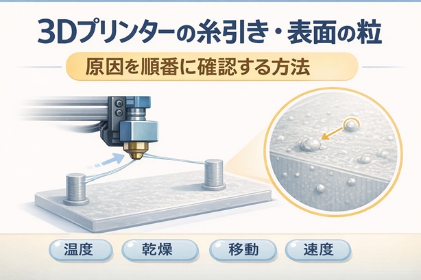 Eye-catch illustration showing stringing and surface zits in 3D printing and the order of checks for temperature, drying, travel, and speed