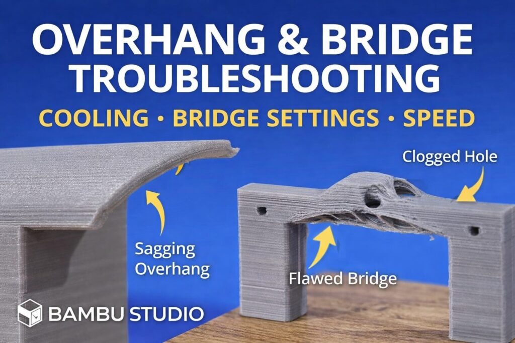 Thumbnail for Bambu Studio overhang and bridge troubleshooting, highlighting sagging overhangs, flawed bridges, and clogged holes with cooling, bridge settings, and speed.