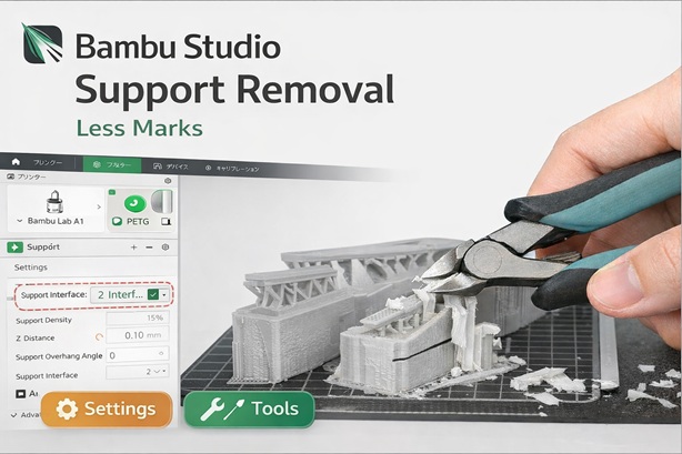 Bambu Studio support removal thumbnail showing support interface settings and tools to remove supports with fewer marks on FDM prints.