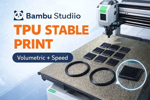 Bambu Studio TPU stable print thumbnail highlighting Volumetric Speed and print speed settings for reliable TPU printing.