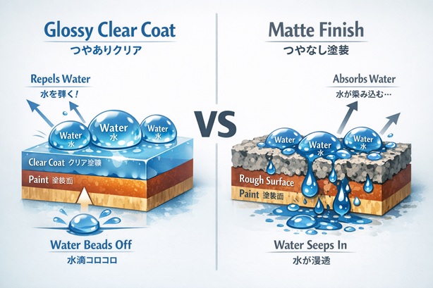 Diagram showing why glossy clear coat improves waterproofing while matte clear coat is less effective, comparing smooth sealing film vs rough porous surface and water beading vs seepage