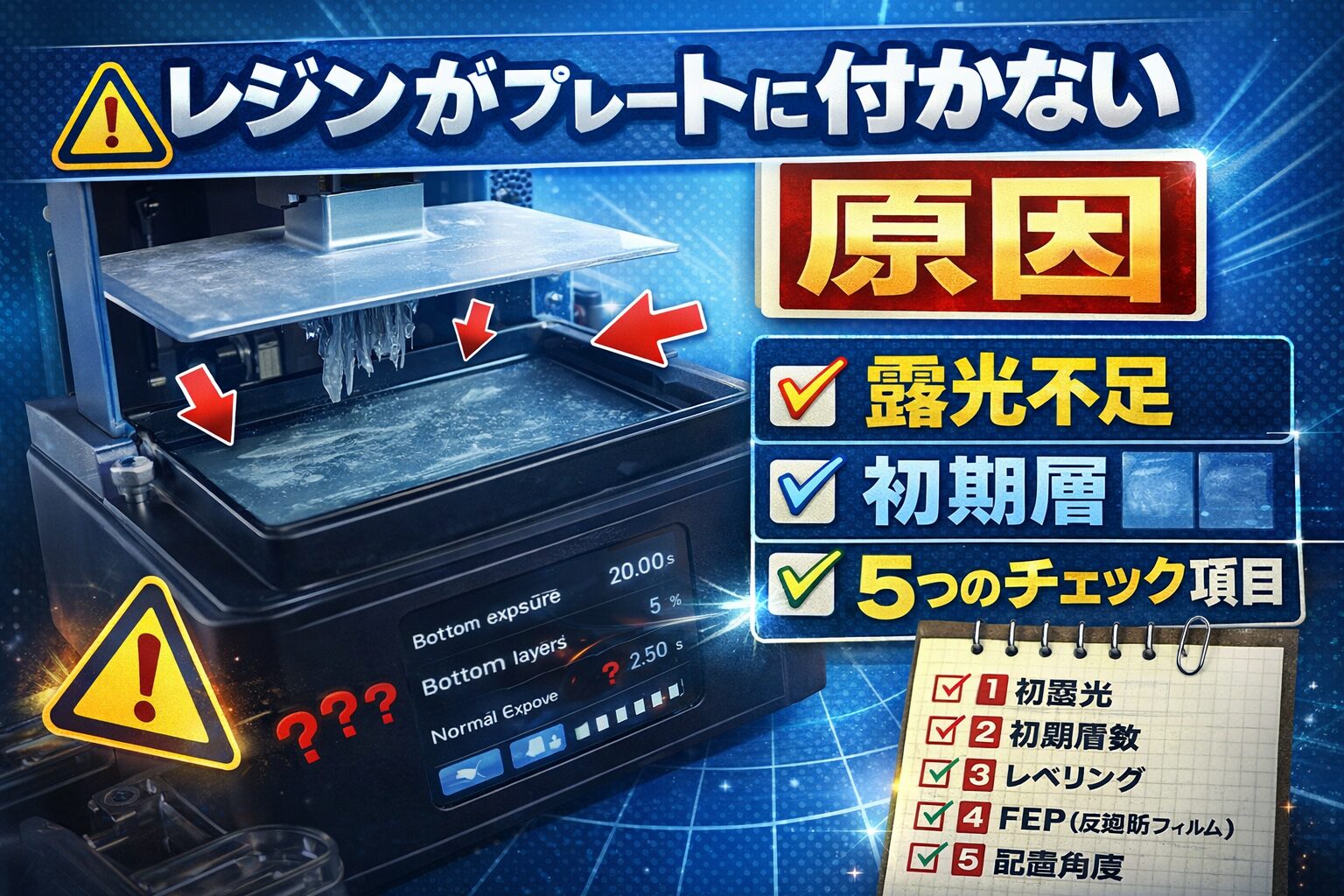 Resin 3D print not sticking to build plate showing failed print and causes like exposure time and bottom layer settings