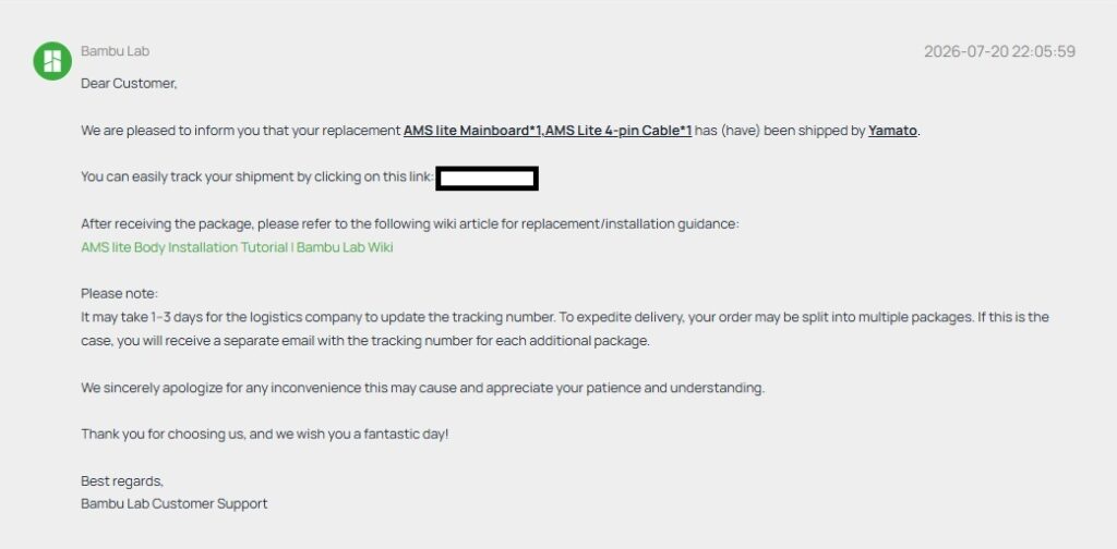 Bambu Lab shipping notification for AMS Lite mainboard and 4-pin cable replacement