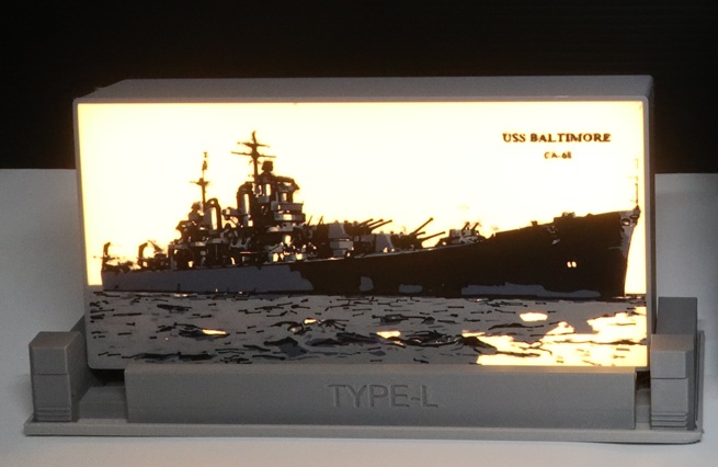 Illuminated USS Baltimore light box created with a 3D printer and displayed at Okahobi 2026