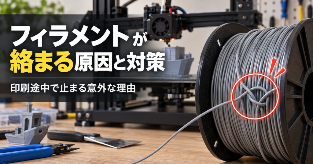 3D printer filament tangled on a spool, causing filament feeding problems and stopping a print midway